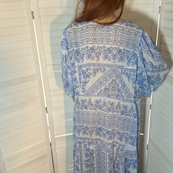 EUC Calvin Klein Sheer Blue & White Print Tie Front Coverup - Picture 8 of 10
